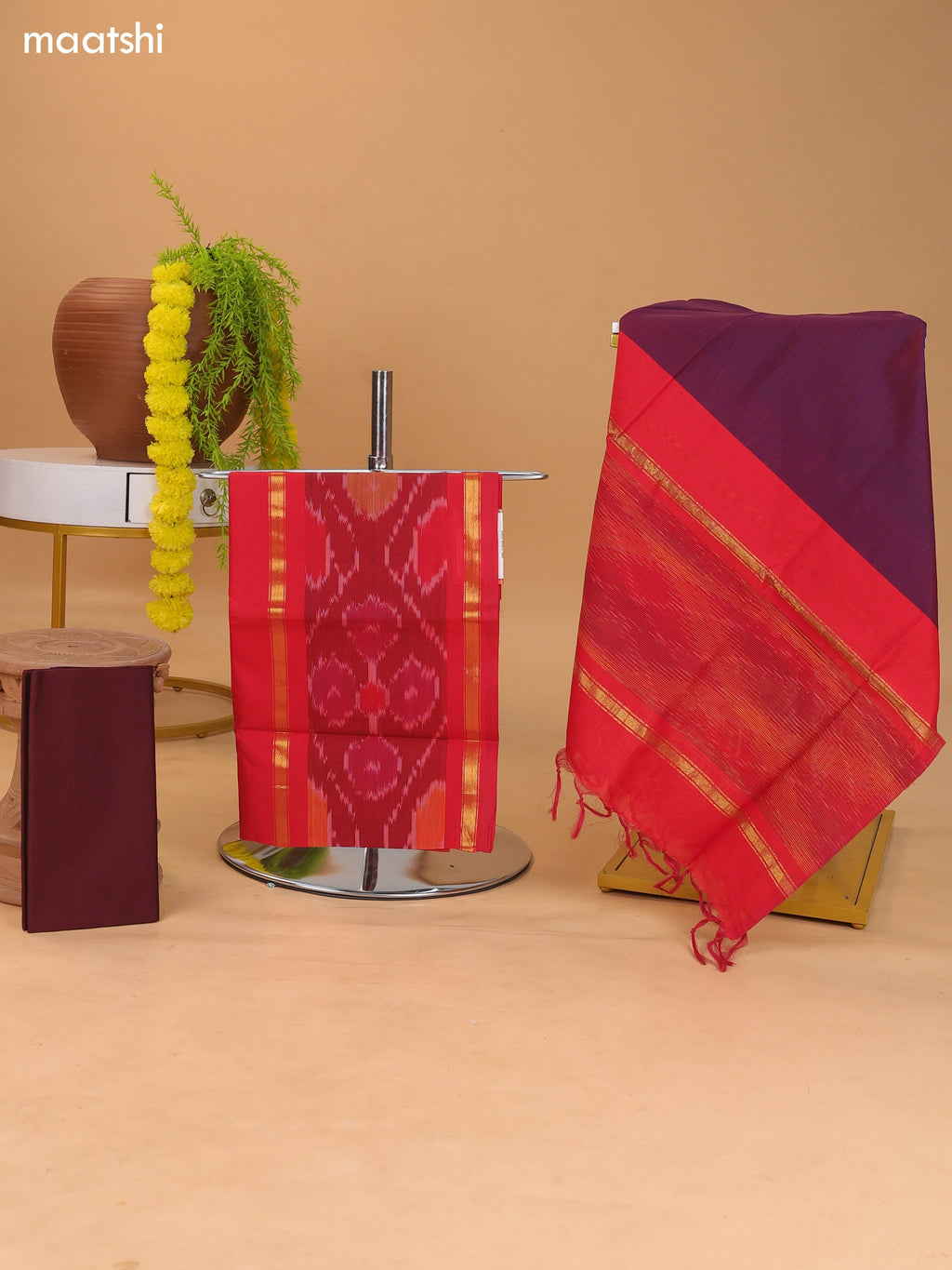 Red and Dual Shade Of Brown Ikat Dress Material With Plain Body & Ikat Weaves Border and Bottom & Dupatta