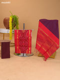 Red and Dual Shade Of Brown Ikat Dress Material With Plain Body & Ikat Weaves Border and Bottom & Dupatta
