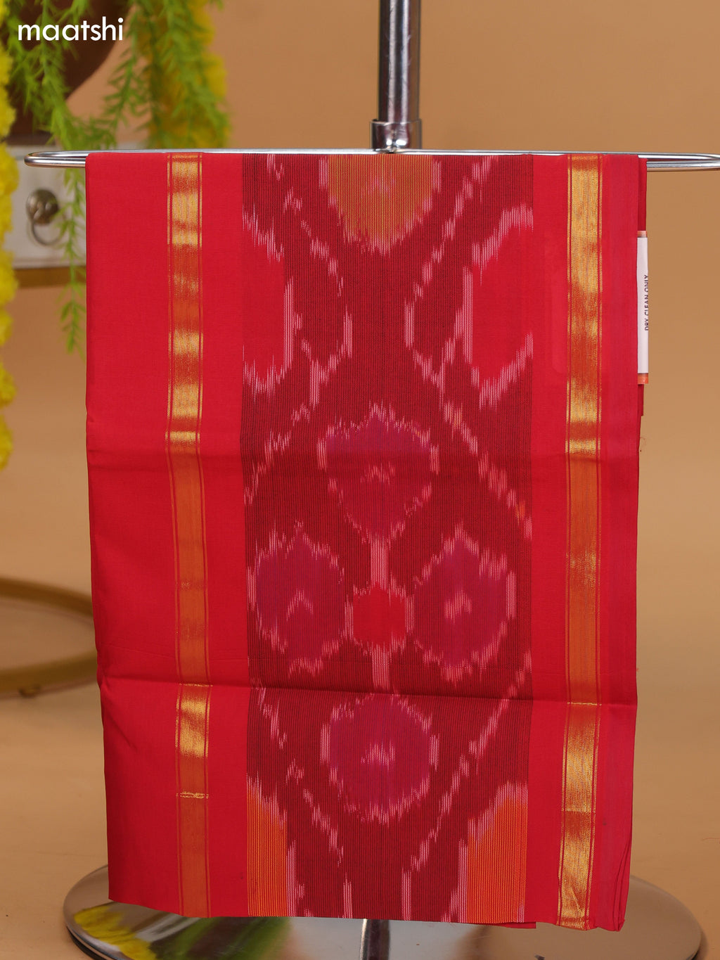 Red and Dual Shade Of Brown Ikat Dress Material With Plain Body & Ikat Weaves Border and Bottom & Dupatta