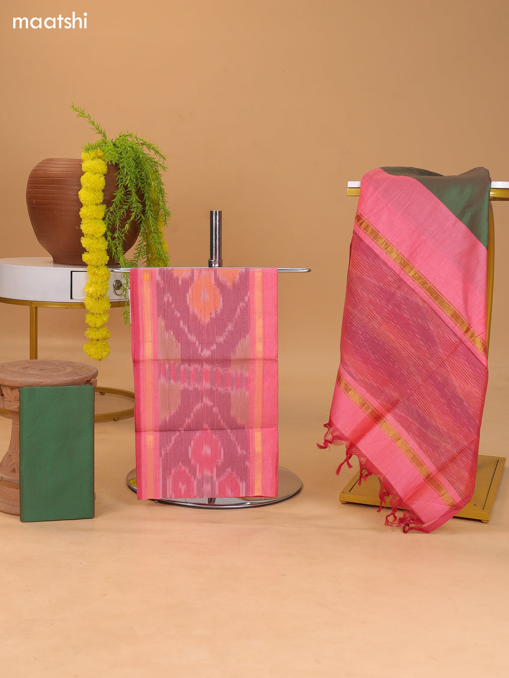 Dual Shade Of Peach Pink and Dual Shade Of Green Ikat Dress Material With Plain Body & Ikat Weaves Border and Bottom & Dupatta