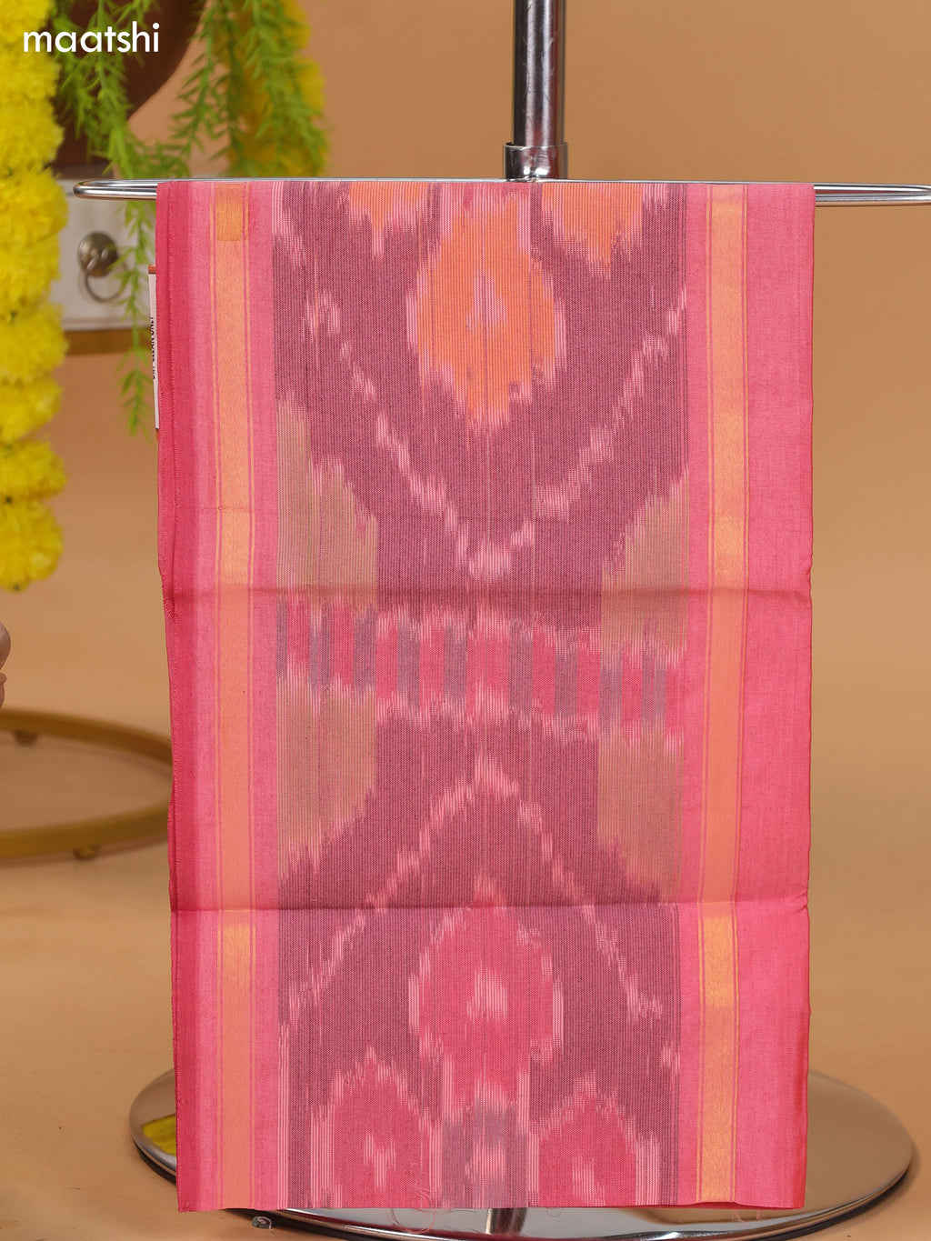Dual Shade Of Peach Pink and Dual Shade Of Green Ikat Dress Material With Plain Body & Ikat Weaves Border and Bottom & Dupatta