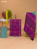 Purple and Dual Shade Of Teal Green Ikat Dress Material With Plain Body & Ikat Weaves Border and Bottom & Dupatta