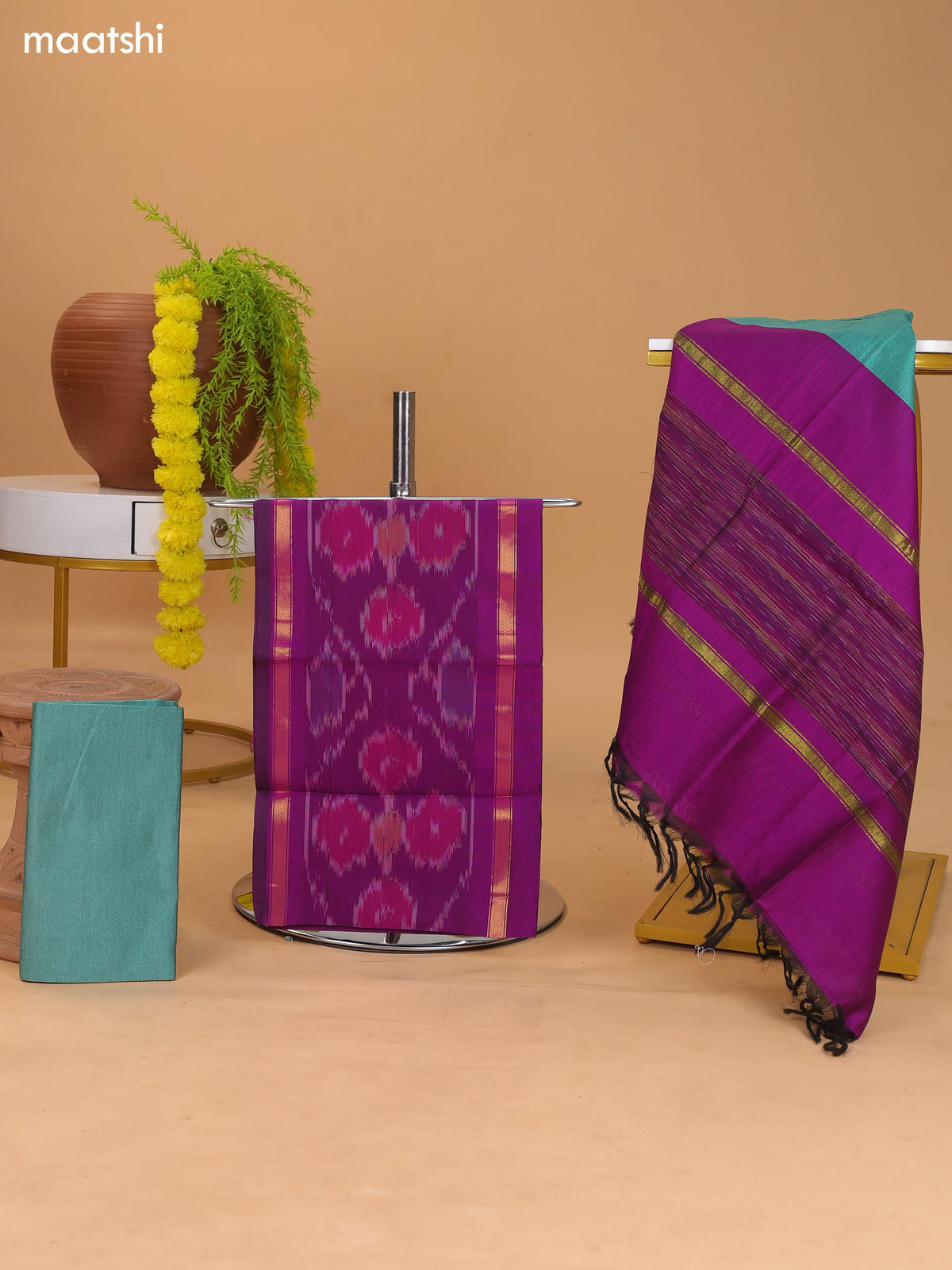 Purple and Dual Shade Of Teal Green Ikat Dress Material With Plain Body & Ikat Weaves Border and Bottom & Dupatta