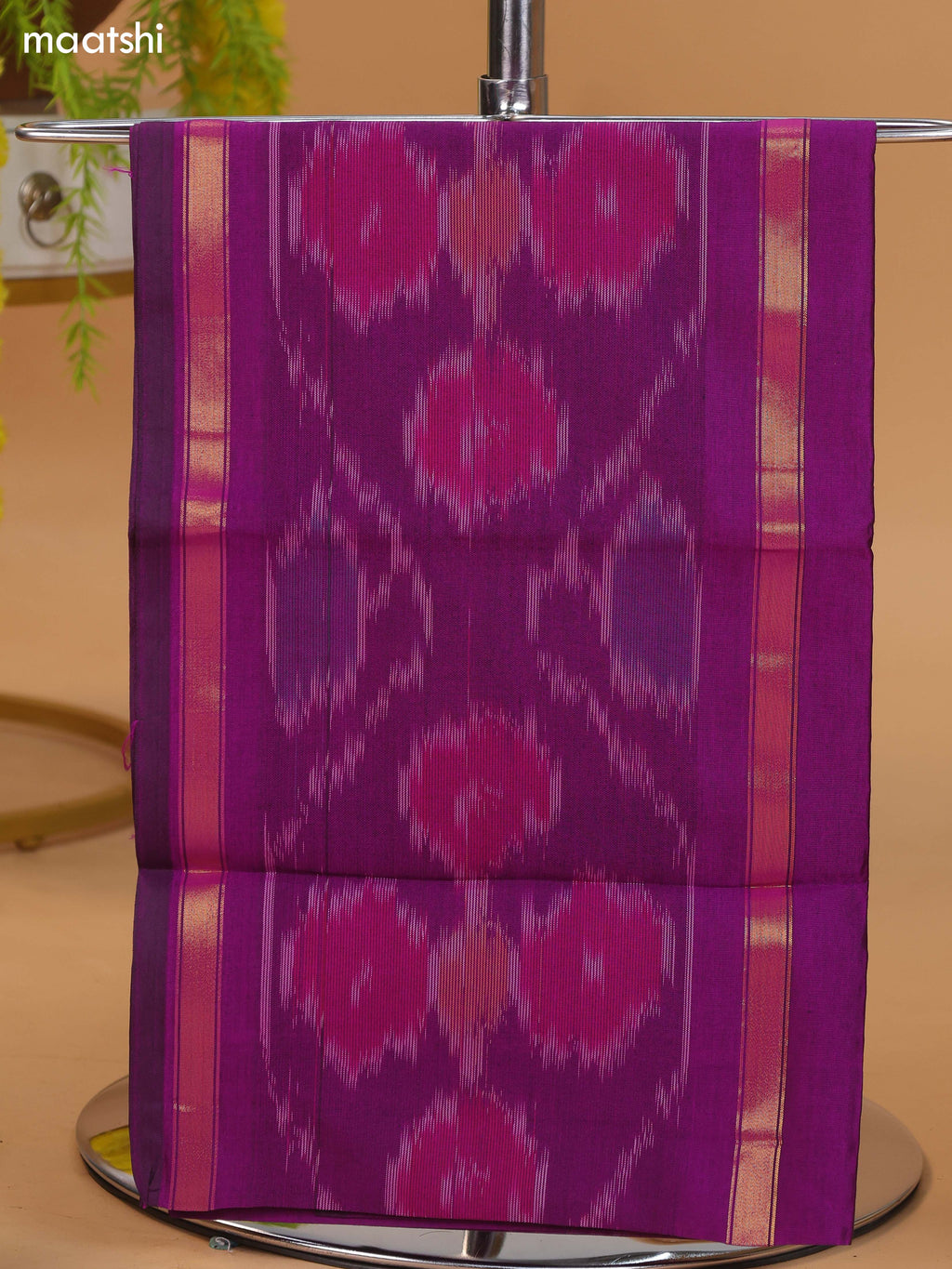 Purple and Dual Shade Of Teal Green Ikat Dress Material With Plain Body & Ikat Weaves Border and Bottom & Dupatta