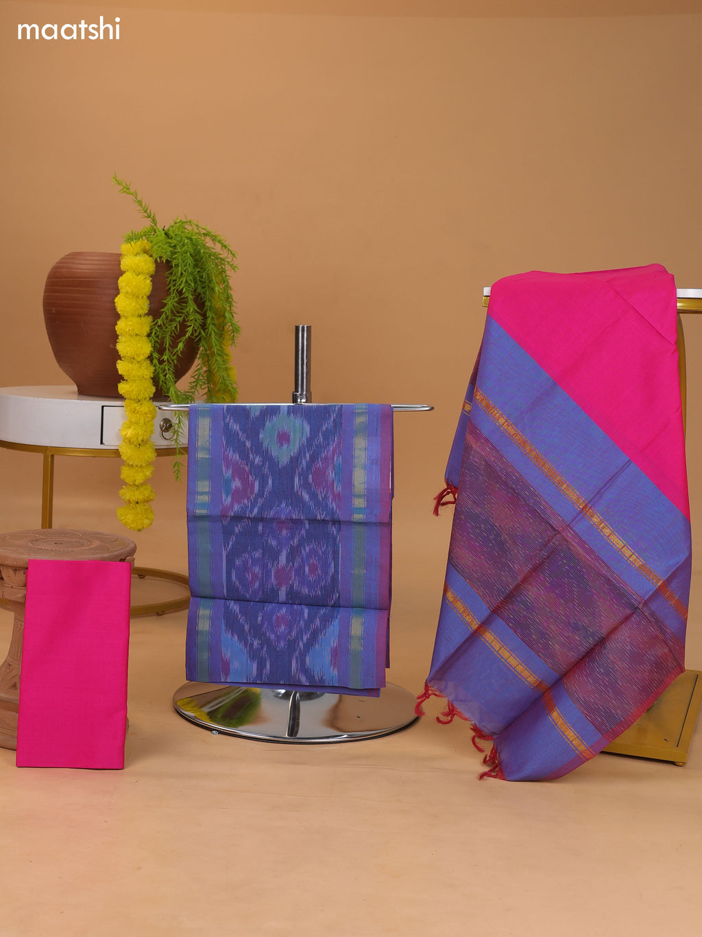 Dual Shade Of Blue and Pink Ikat Dress Material With Plain Body & Ikat Weaves Border and Bottom & Dupatta