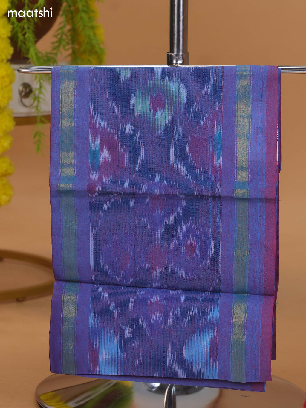 Dual Shade Of Blue and Pink Ikat Dress Material With Plain Body & Ikat Weaves Border and Bottom & Dupatta