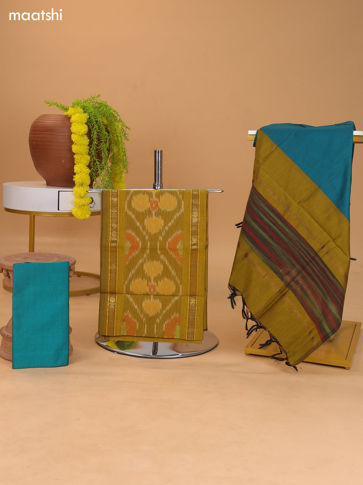 Dual Shade Of Mustard Yellow and Green Ikat Dress Material With Plain Body & Ikat Weaves Border and Bottom & Dupatta
