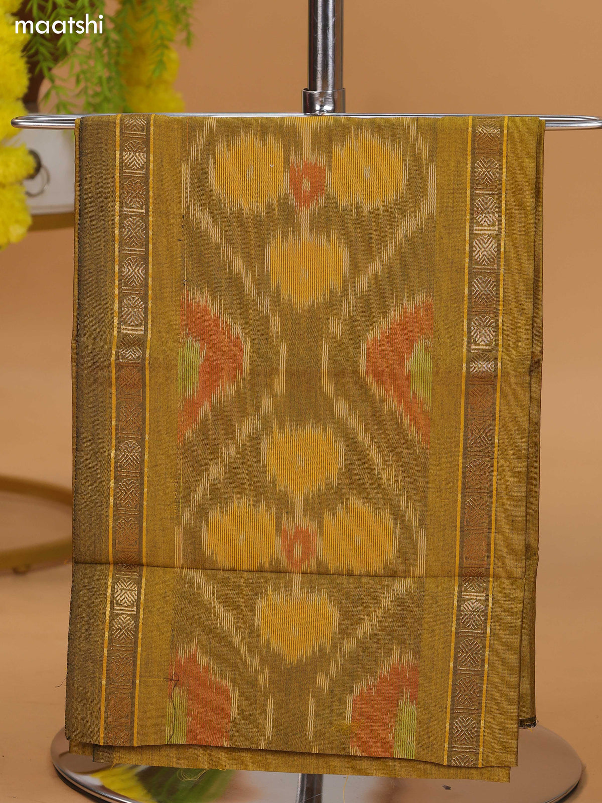Dual Shade Of Mustard Yellow and Green Ikat Dress Material With Plain Body & Ikat Weaves Border and Bottom & Dupatta