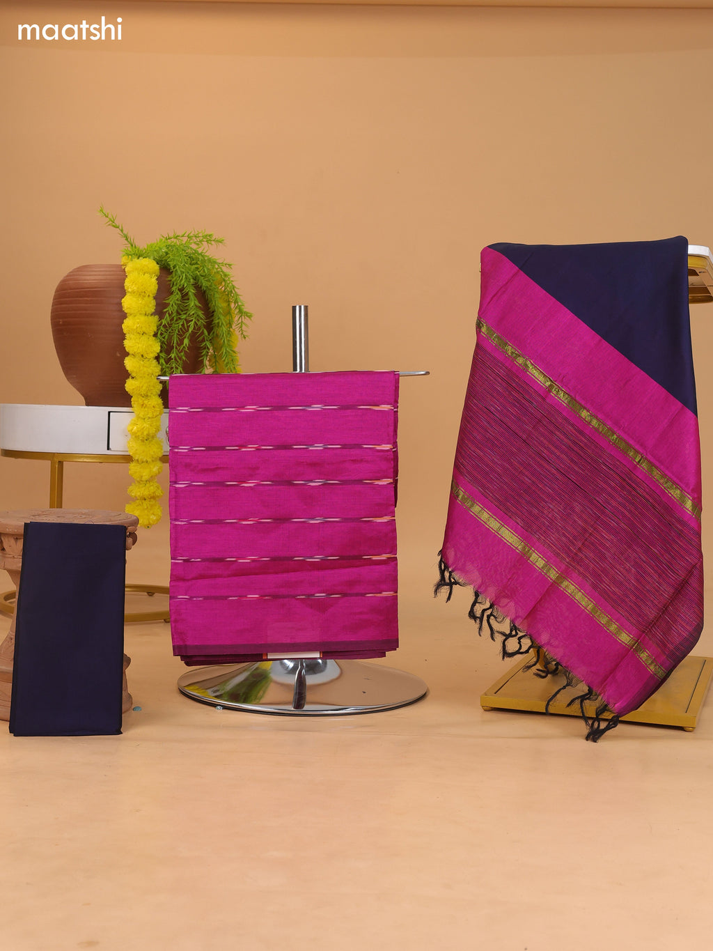 Magenta Pink and Dark Blue Ikat Dress Material With Plain Body & Ikat Weaves Border and Bottom & Dupatta