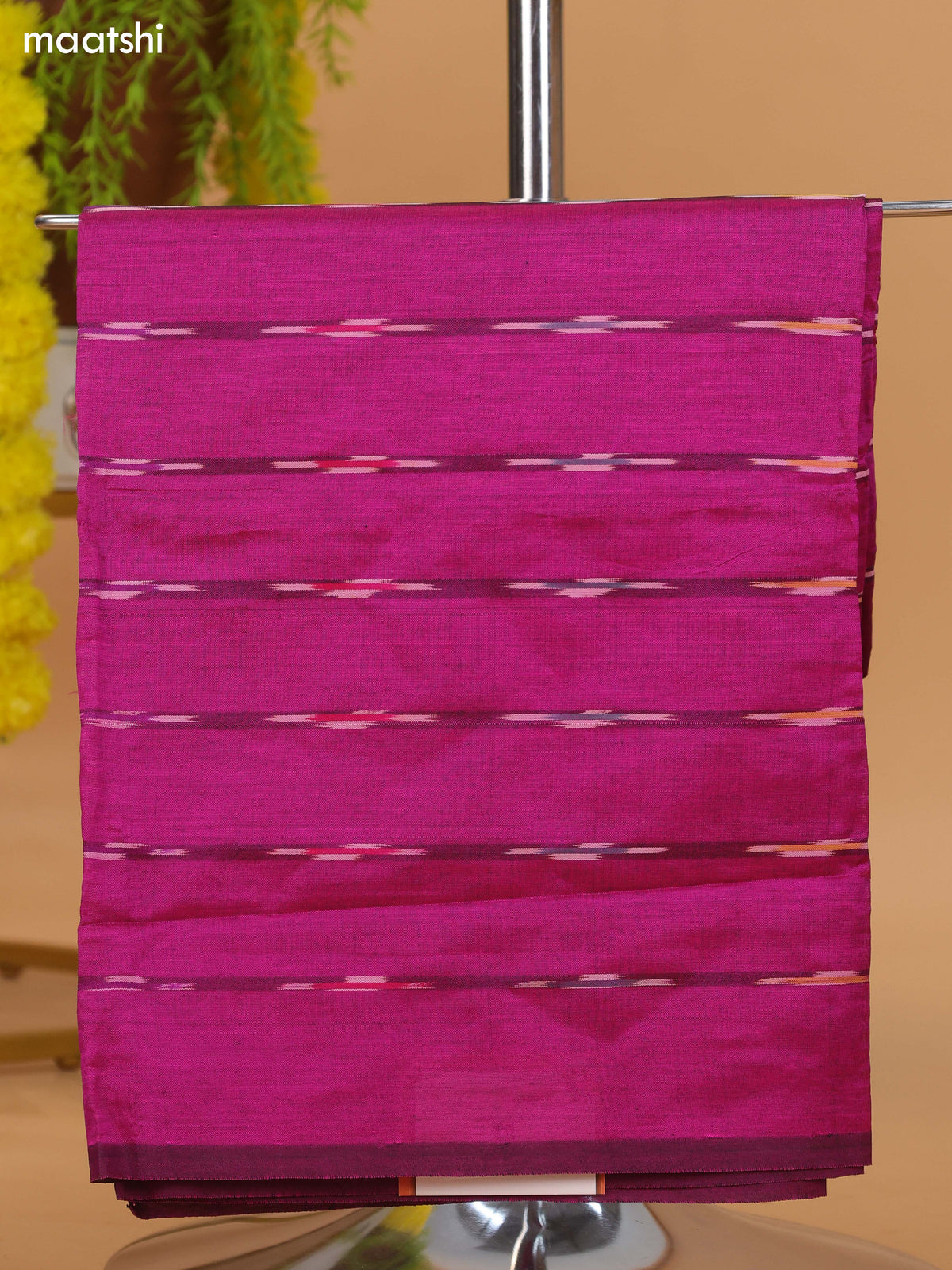 Magenta Pink and Dark Blue Ikat Dress Material With Plain Body & Ikat Weaves Border and Bottom & Dupatta