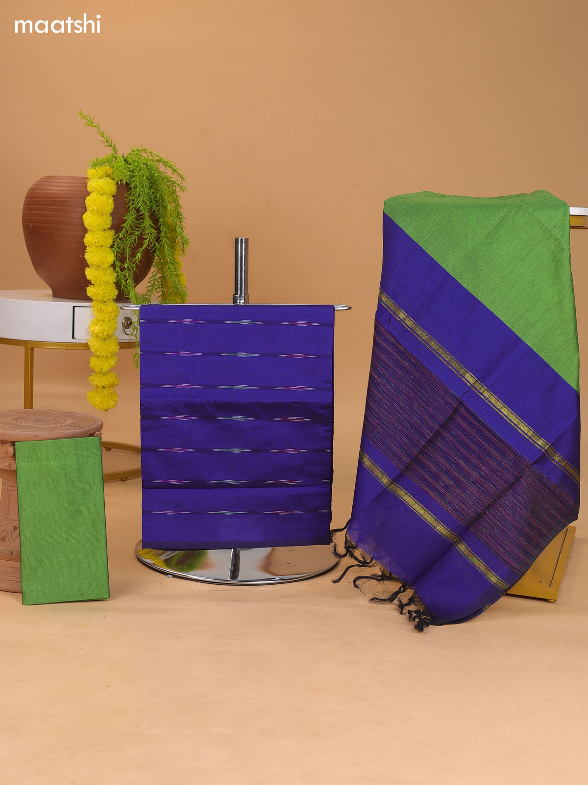 Blue and Light Green Ikat Dress Material With Plain Body & Ikat Weaves Border and Bottom & Dupatta