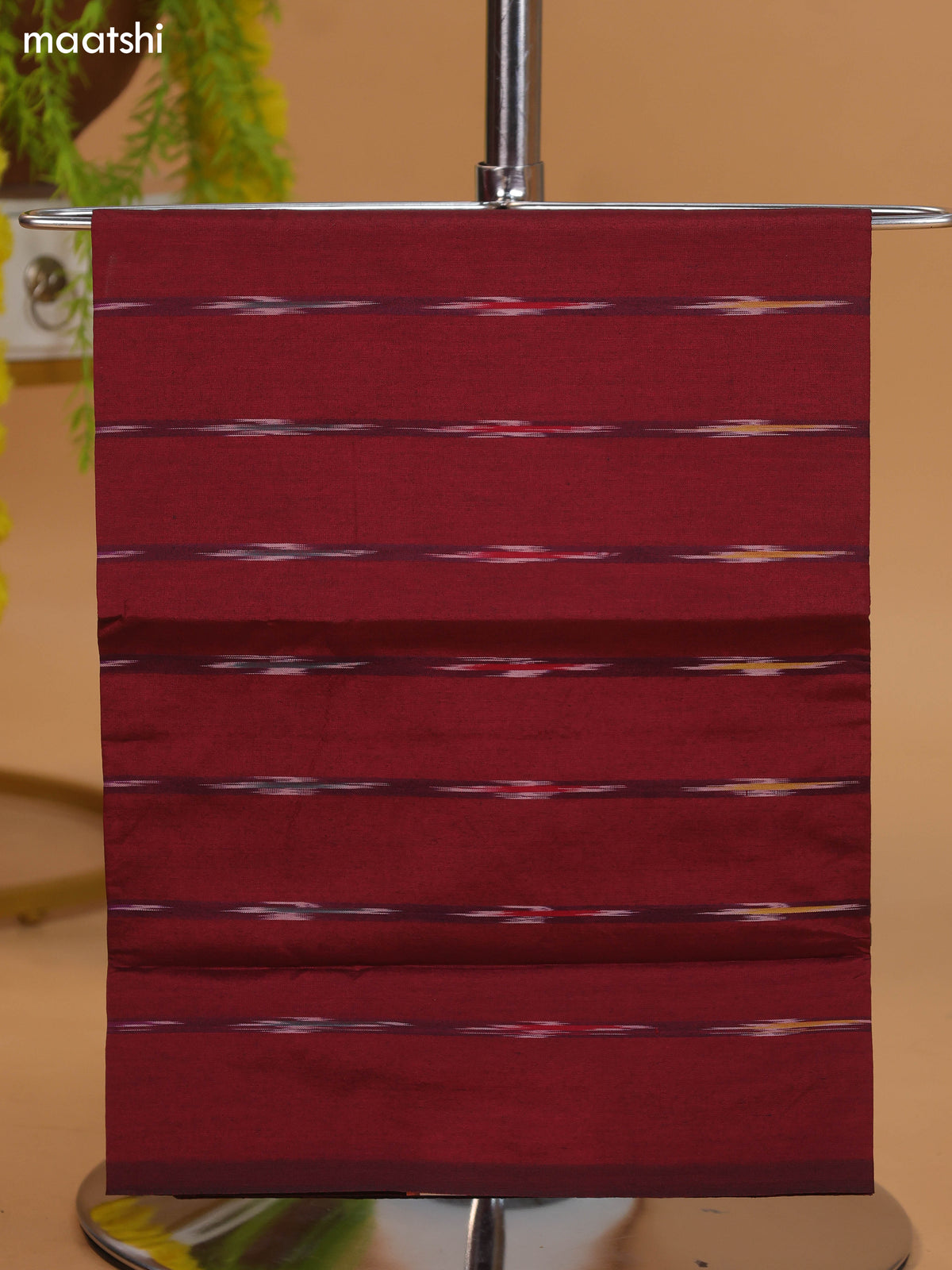 Brown and Olive Green Ikat Dress Material With Plain Body & Ikat Weaves Border and Bottom & Dupatta