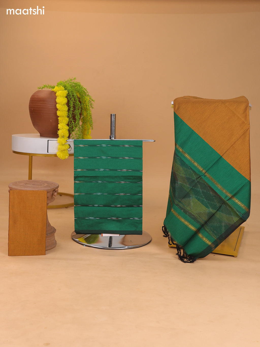 Green and Mustard Yellow Ikat Dress Material With Plain Body & Ikat Weaves Border and Bottom & Dupatta