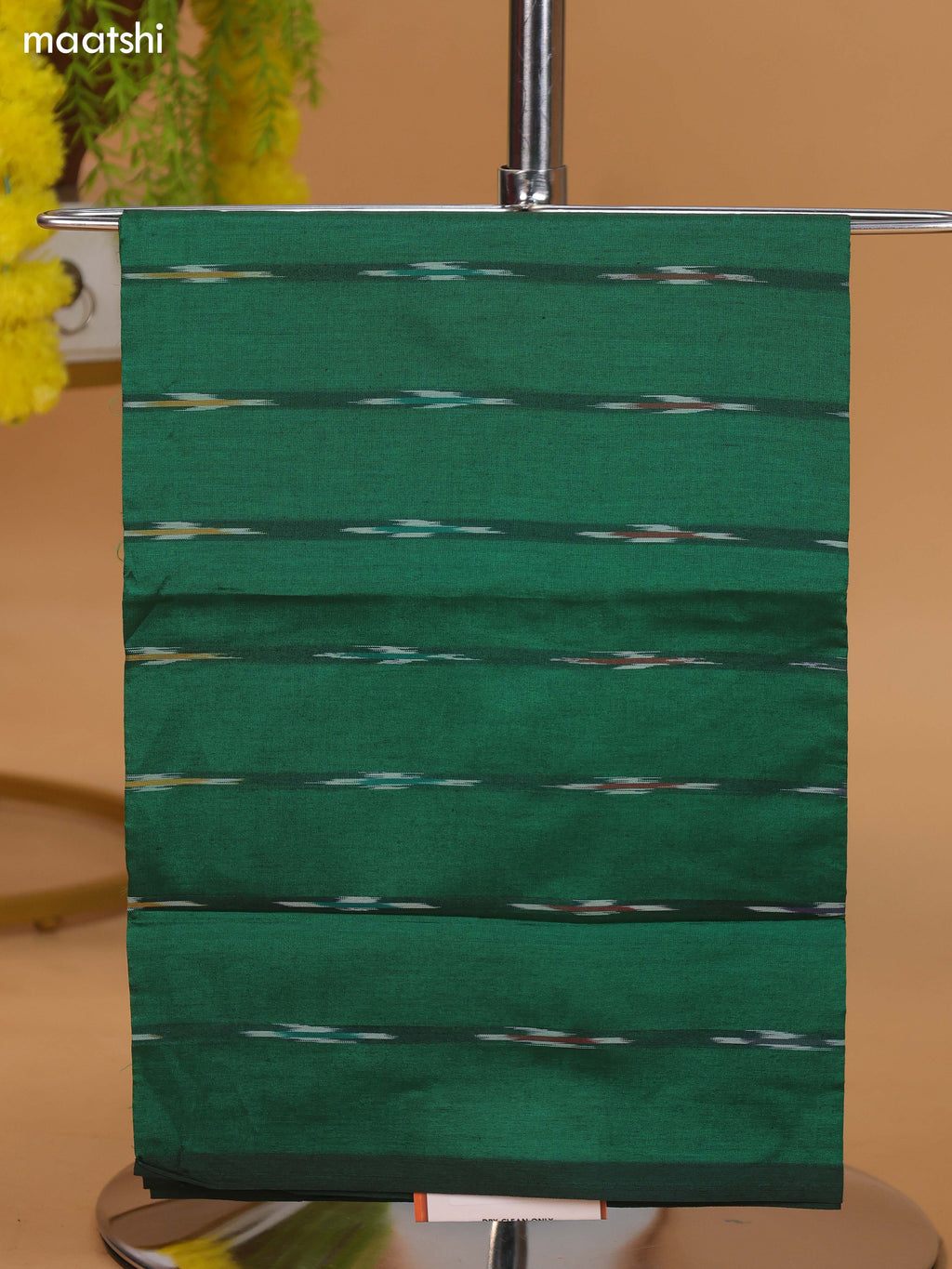 Green and Mustard Yellow Ikat Dress Material With Plain Body & Ikat Weaves Border and Bottom & Dupatta