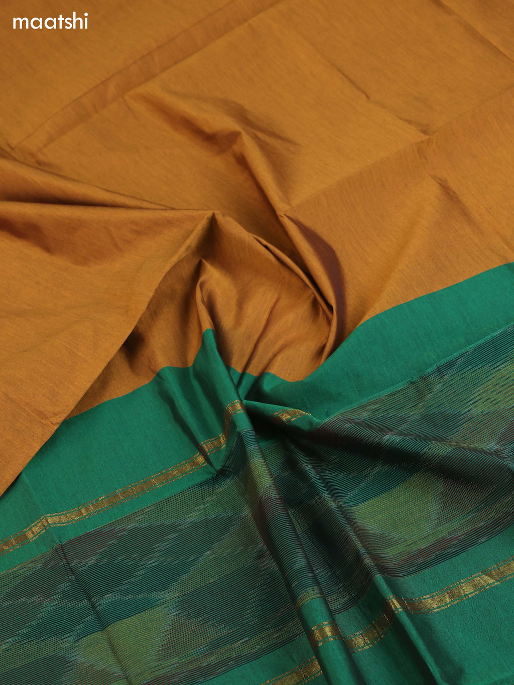 Green and Mustard Yellow Ikat Dress Material With Plain Body & Ikat Weaves Border and Bottom & Dupatta