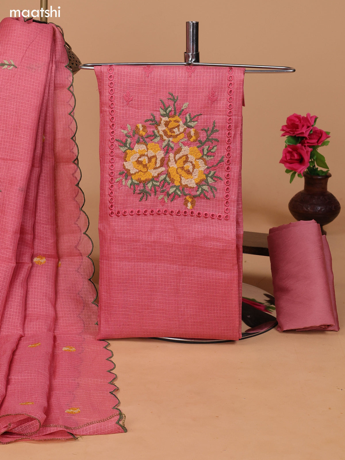 Peach Pink Kota Dress Material With Embroidery Work Neck Pattern and Bottom & Dupatta