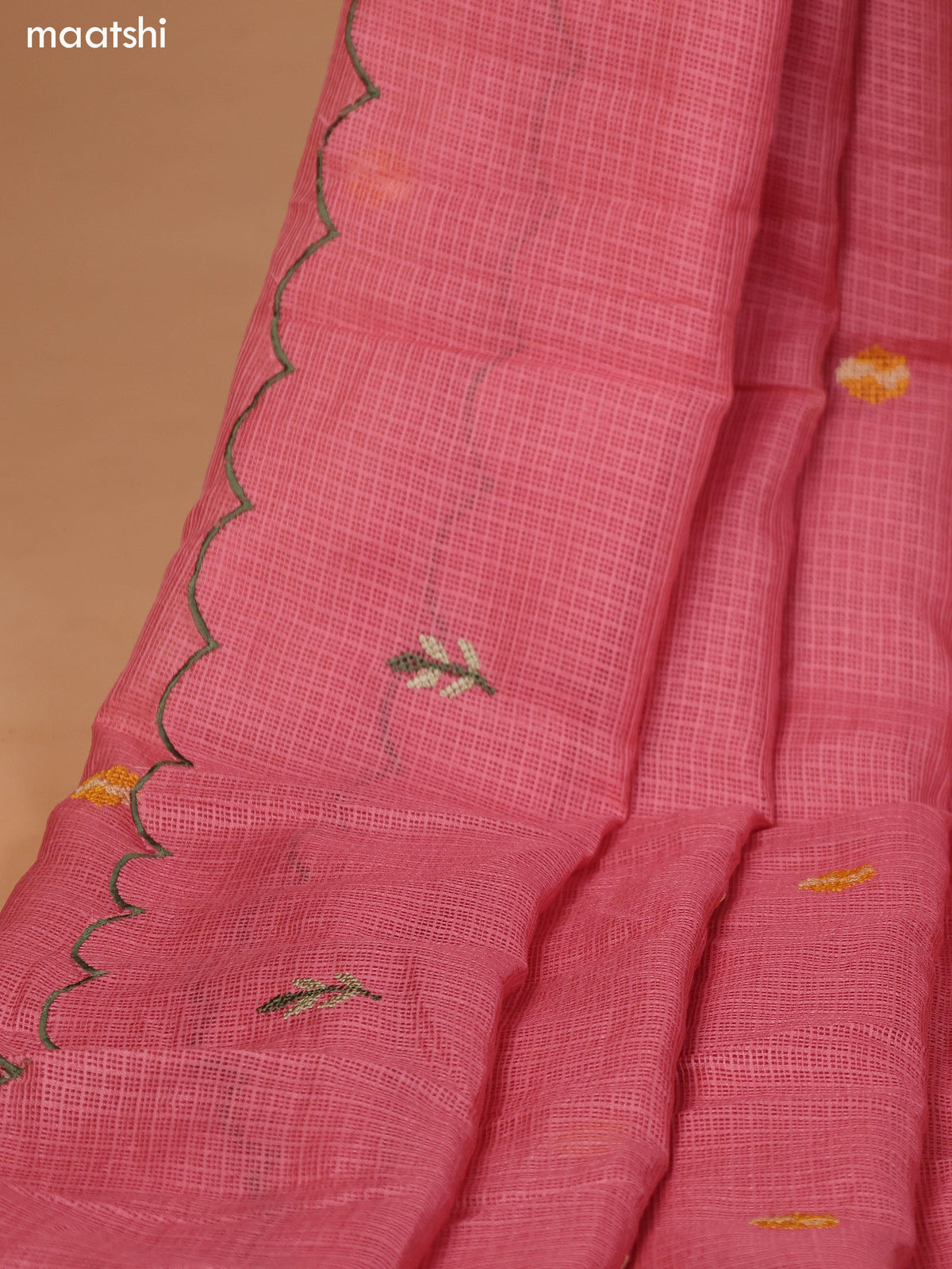 Peach Pink Kota Dress Material With Embroidery Work Neck Pattern and Bottom & Dupatta