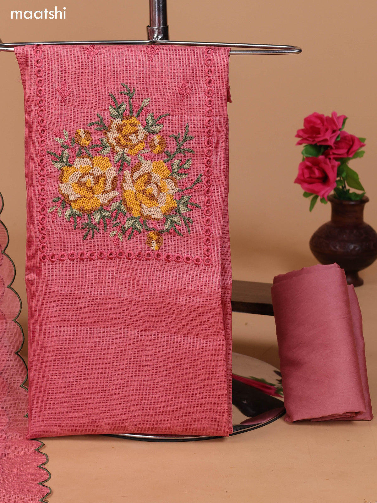 Peach Pink Kota Dress Material With Embroidery Work Neck Pattern and Bottom & Dupatta