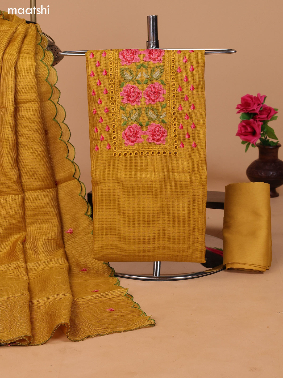 Mustard Yellow Kota Dress Material With Embroidery Work Neck Pattern and Bottom & Dupatta
