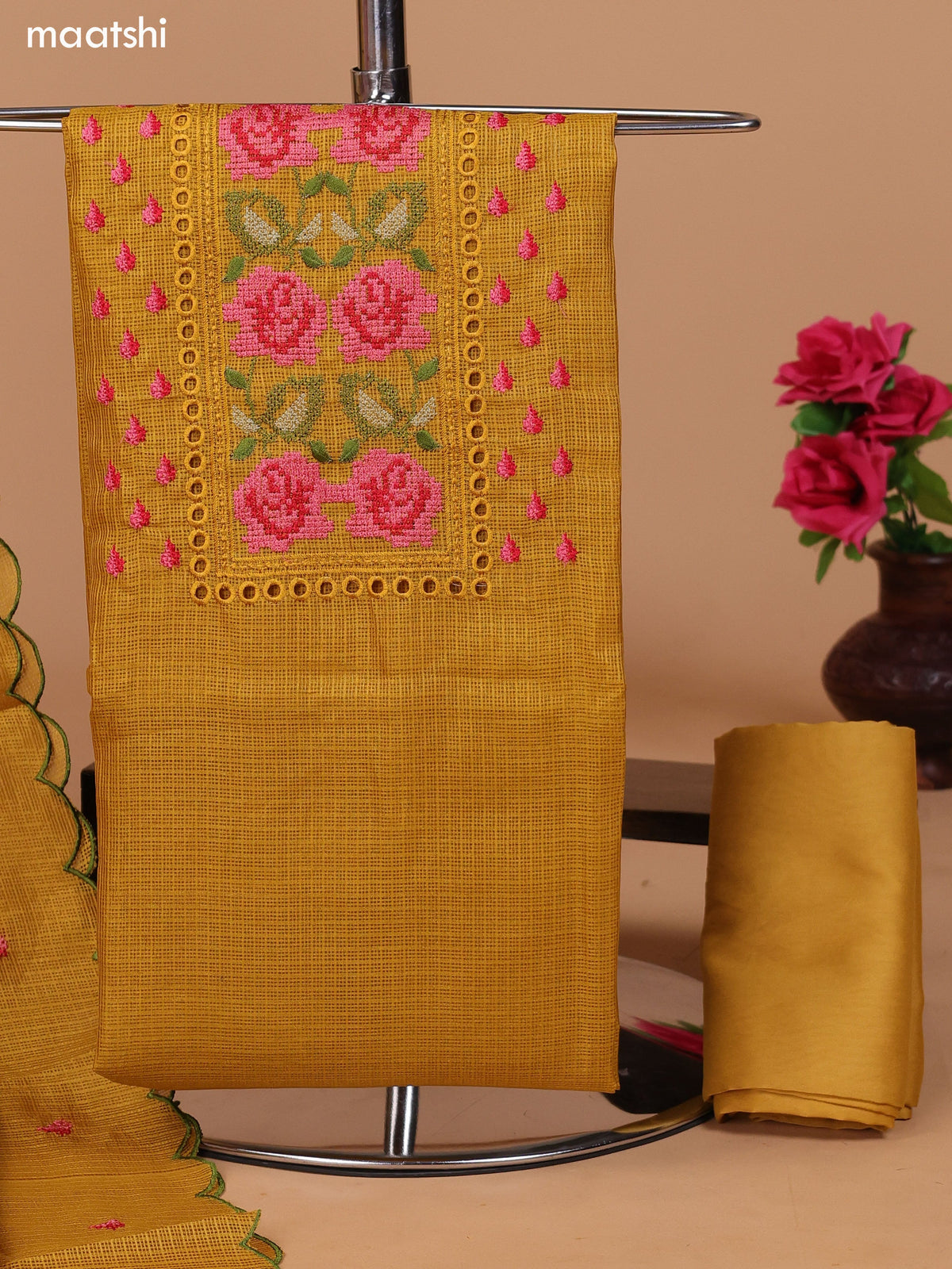 Mustard Yellow Kota Dress Material With Embroidery Work Neck Pattern and Bottom & Dupatta