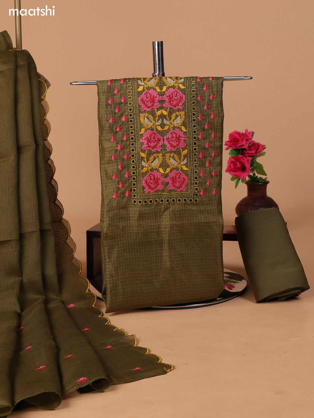 Mehendi Green Kota Dress Material With Embroidery Work Neck Pattern and Bottom & Dupatta