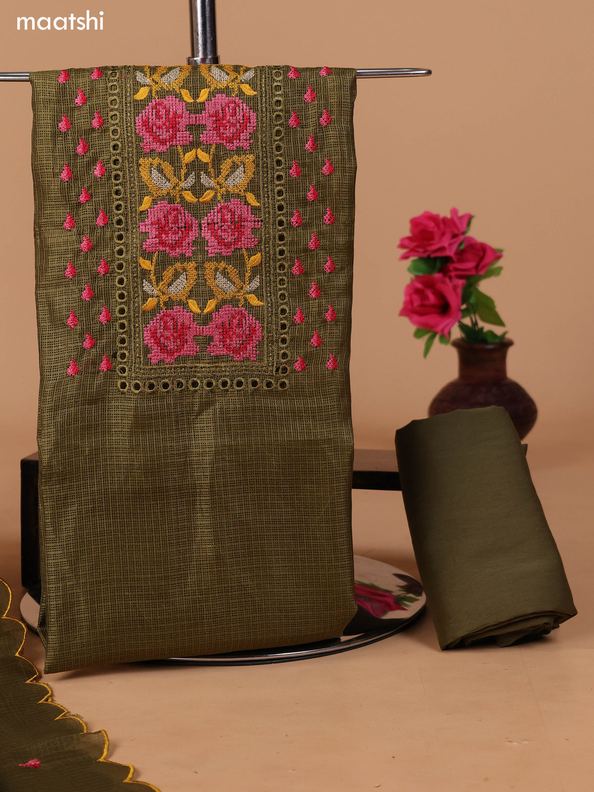 Mehendi Green Kota Dress Material With Embroidery Work Neck Pattern and Bottom & Dupatta