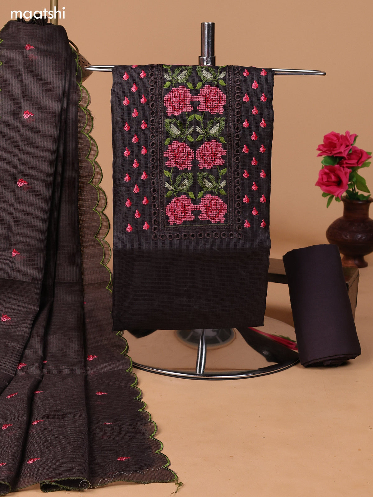 Elephant Grey Kota Dress Material With Embroidery Work Neck Pattern and Bottom & Dupatta