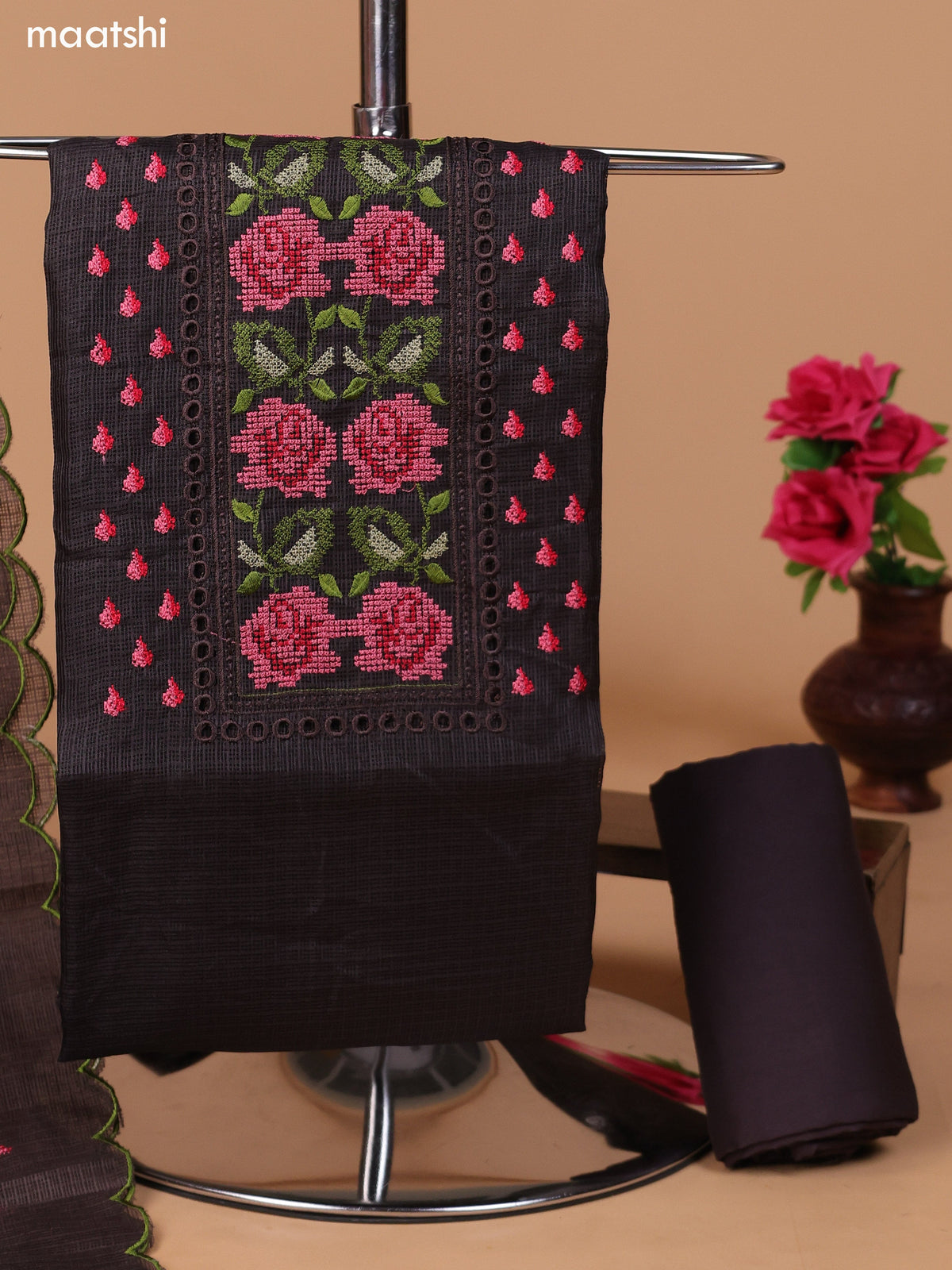 Elephant Grey Kota Dress Material With Embroidery Work Neck Pattern and Bottom & Dupatta