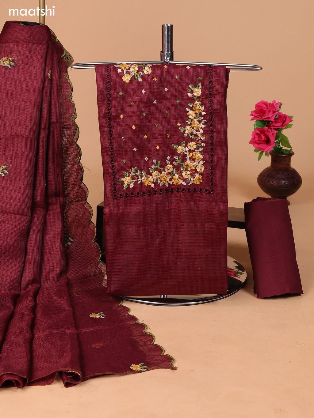 Deep Maroon Kota Dress Material With Embroidery Work Neck Pattern and Bottom & Dupatta