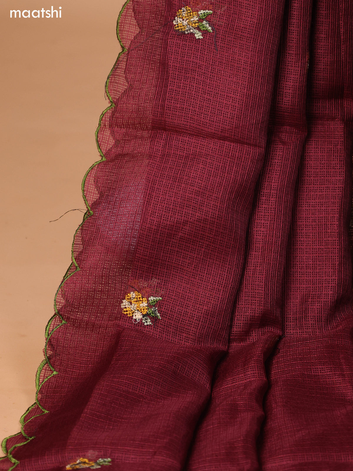 Deep Maroon Kota Dress Material With Embroidery Work Neck Pattern and Bottom & Dupatta