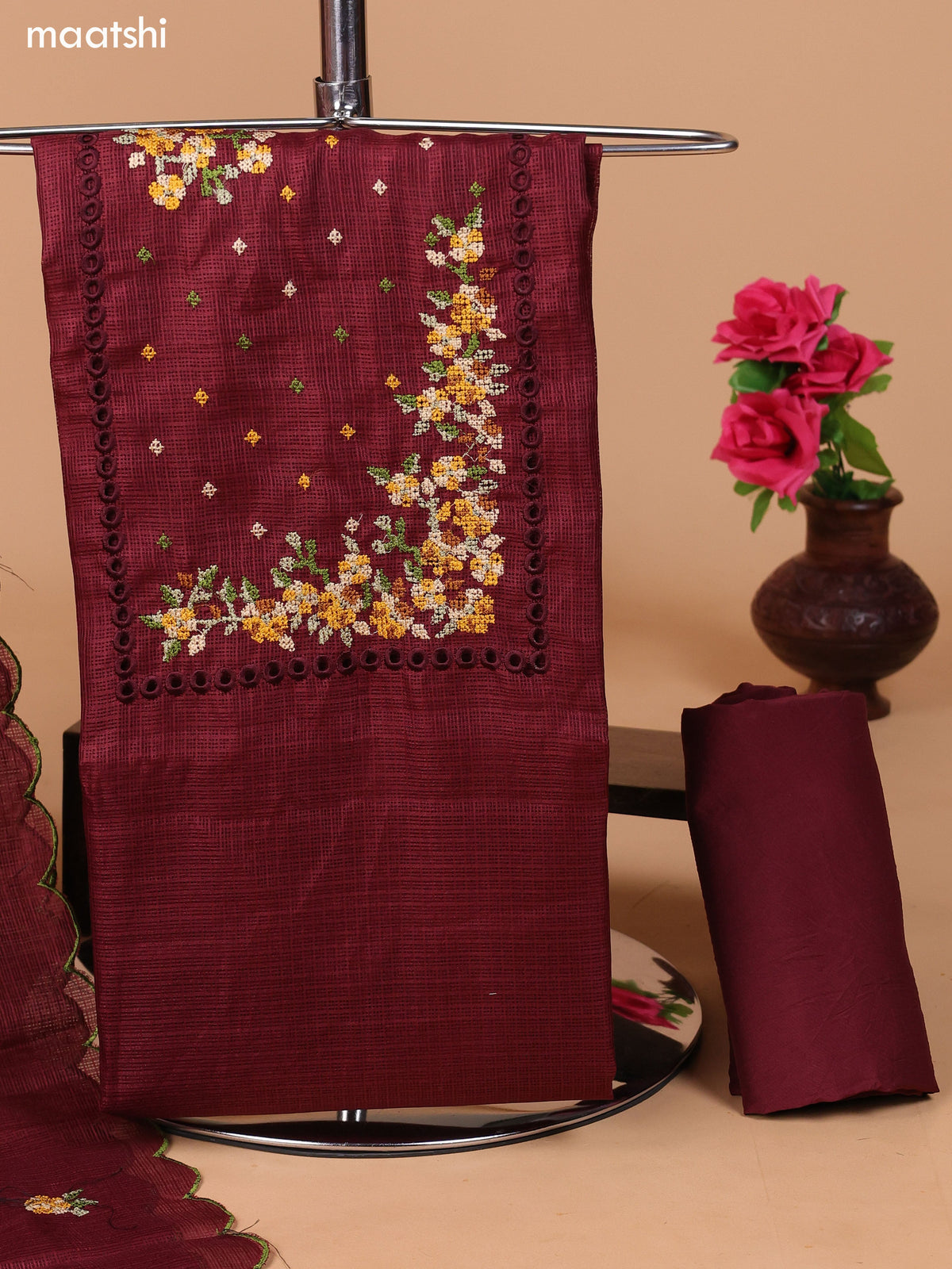 Deep Maroon Kota Dress Material With Embroidery Work Neck Pattern and Bottom & Dupatta
