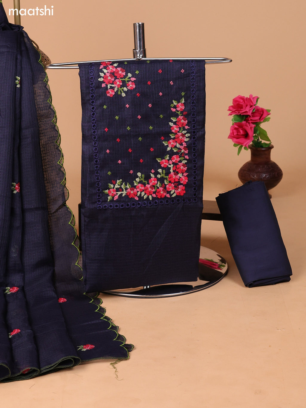 Elephant Grey Kota Dress Material With Embroidery Work Neck Pattern and Bottom & Dupatta