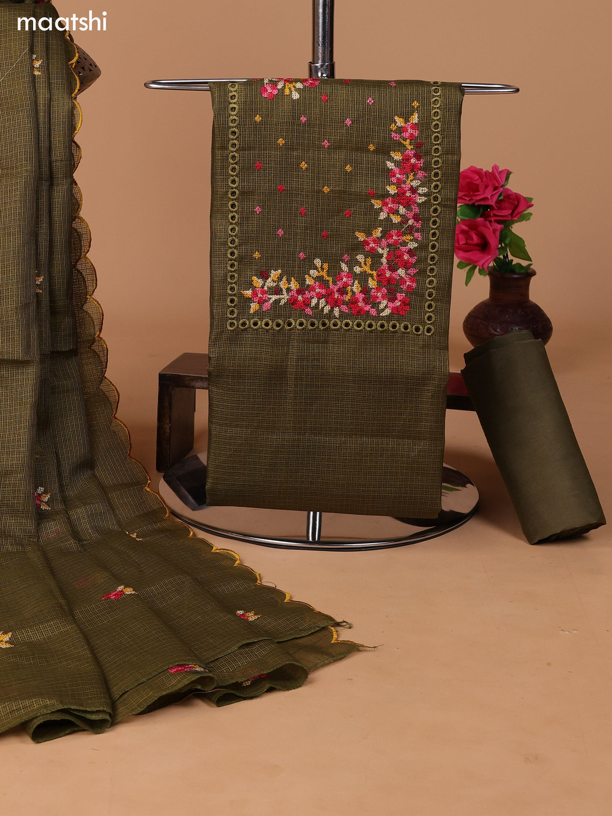 Mehendi Green Kota Dress Material With Embroidery Work Neck Pattern and Bottom & Dupatta