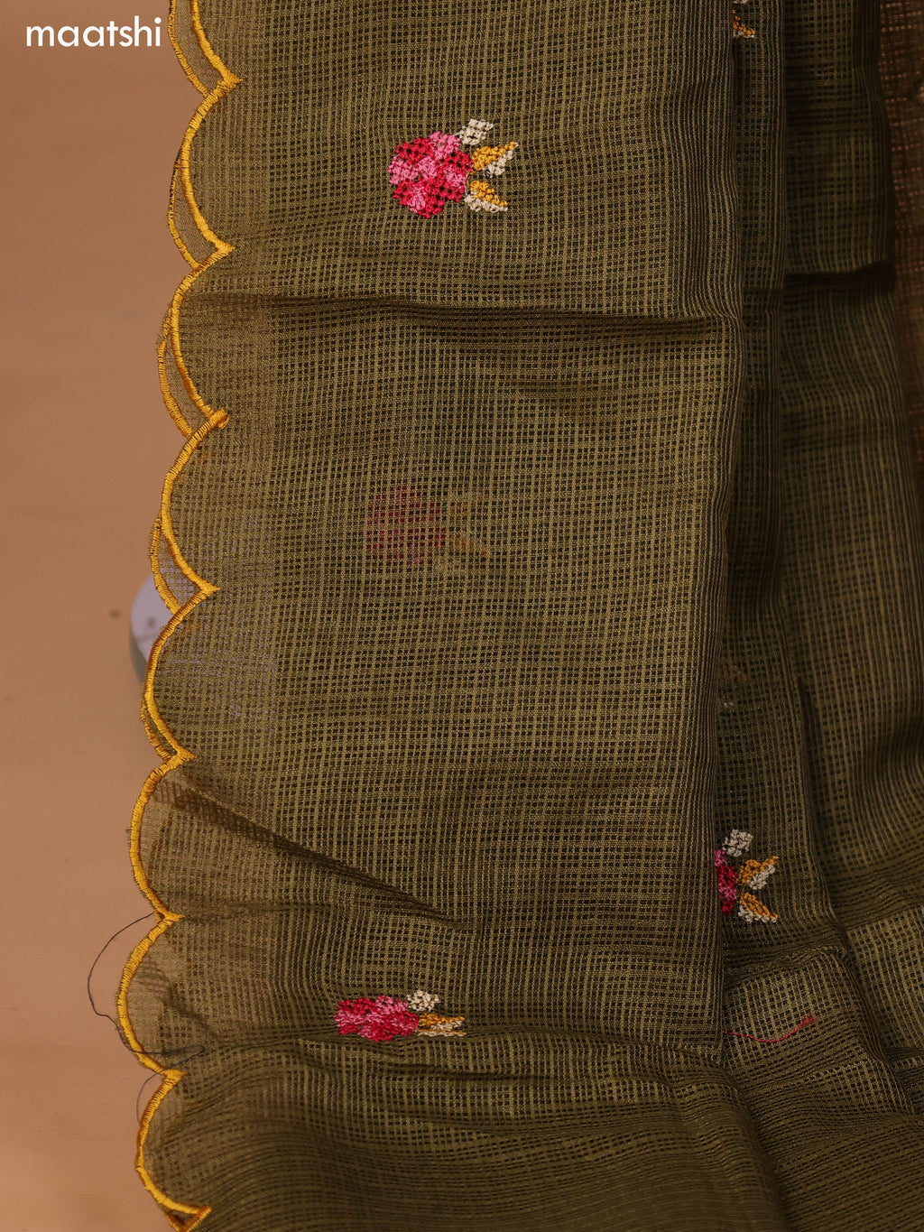Mehendi Green Kota Dress Material With Embroidery Work Neck Pattern and Bottom & Dupatta