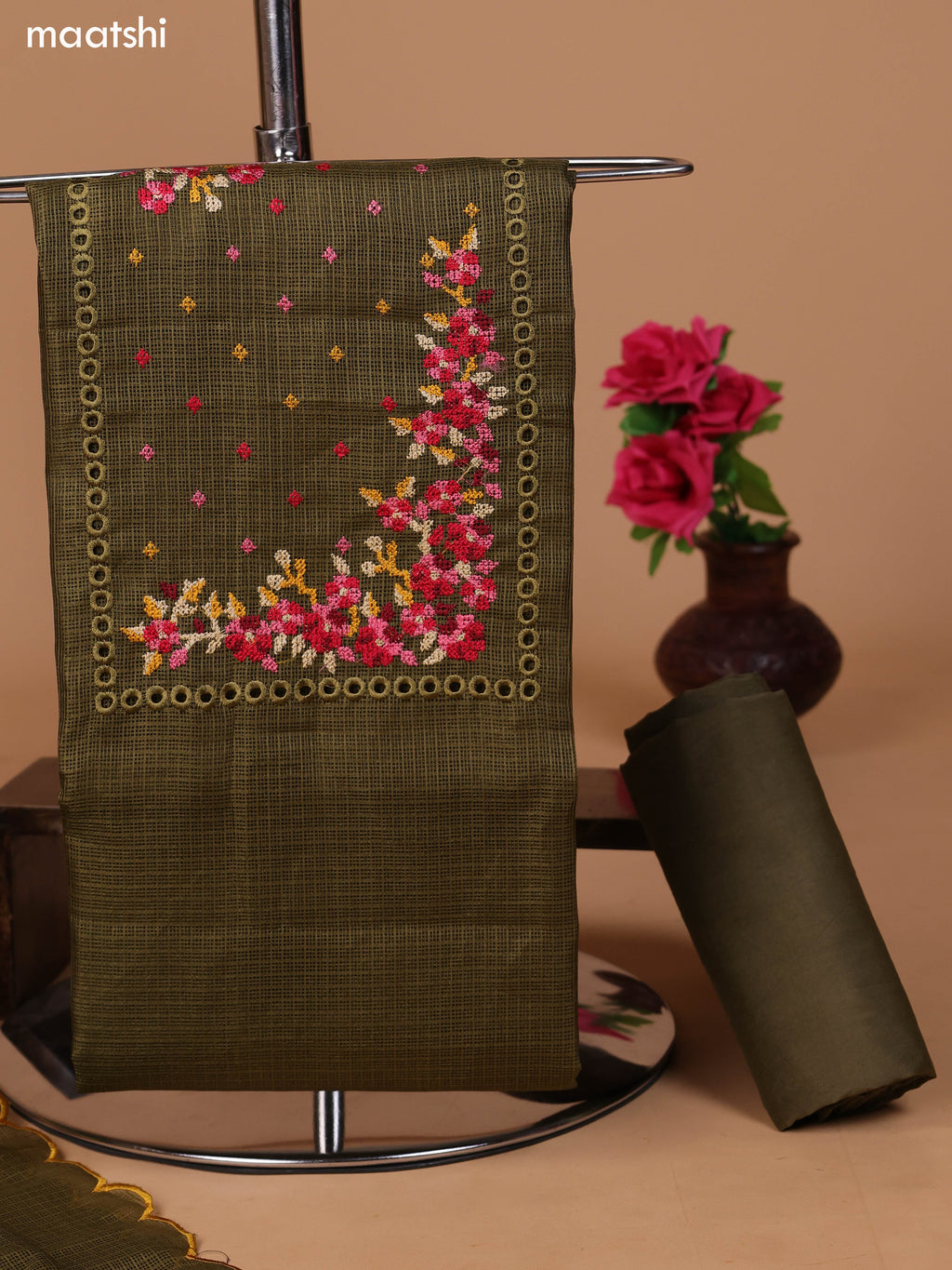 Mehendi Green Kota Dress Material With Embroidery Work Neck Pattern and Bottom & Dupatta