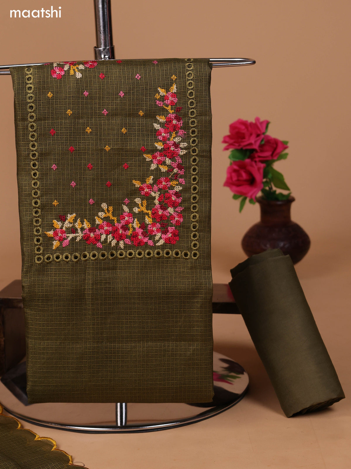 Mehendi Green Kota Dress Material With Embroidery Work Neck Pattern and Bottom & Dupatta