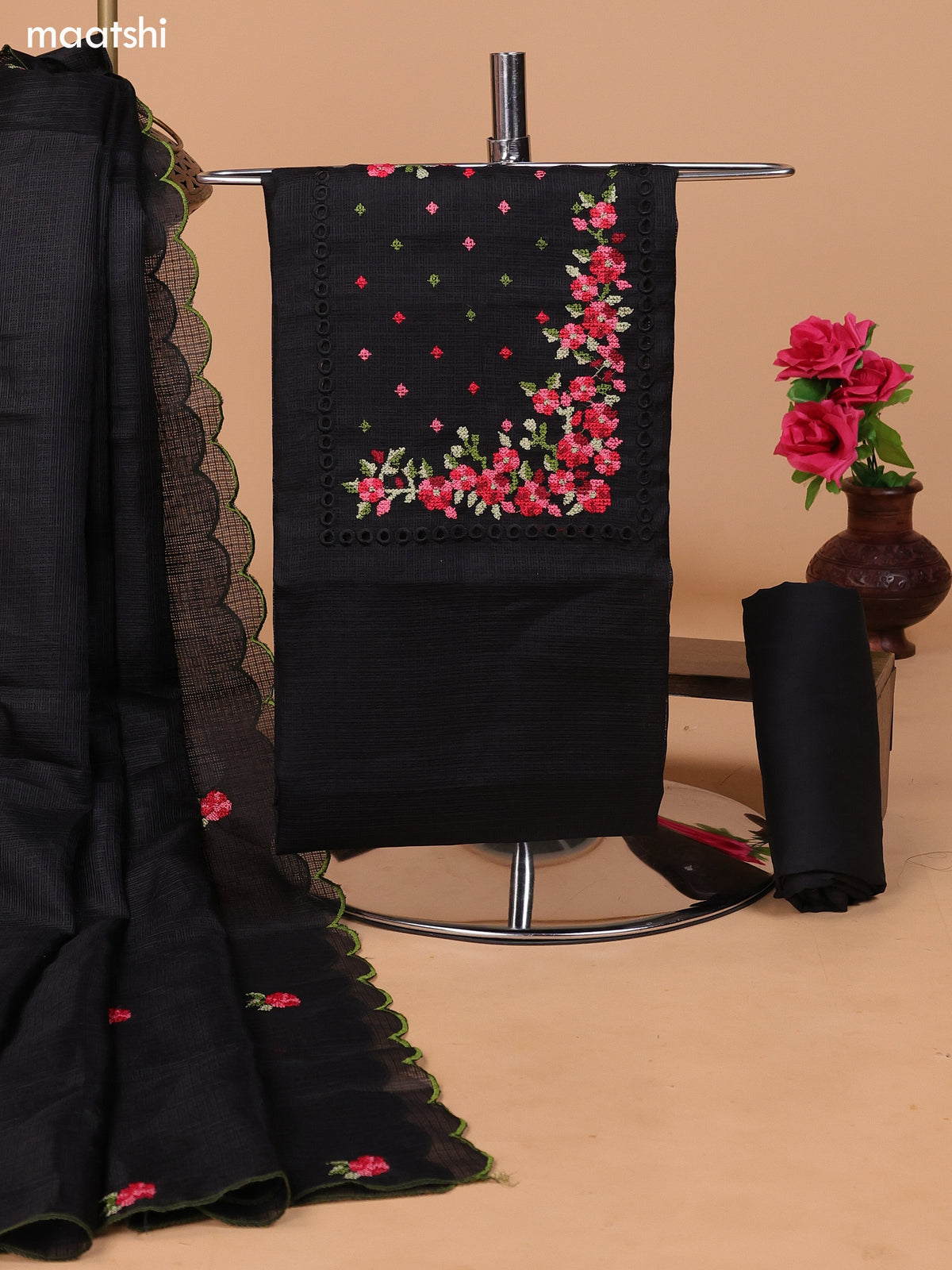 Black Kota Dress Material With Embroidery Work Neck Pattern and Bottom & Dupatta