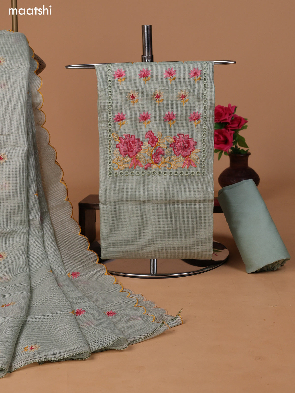 Pastel Green Kota Dress Material With Embroidery Work Neck Pattern and Bottom & Dupatta