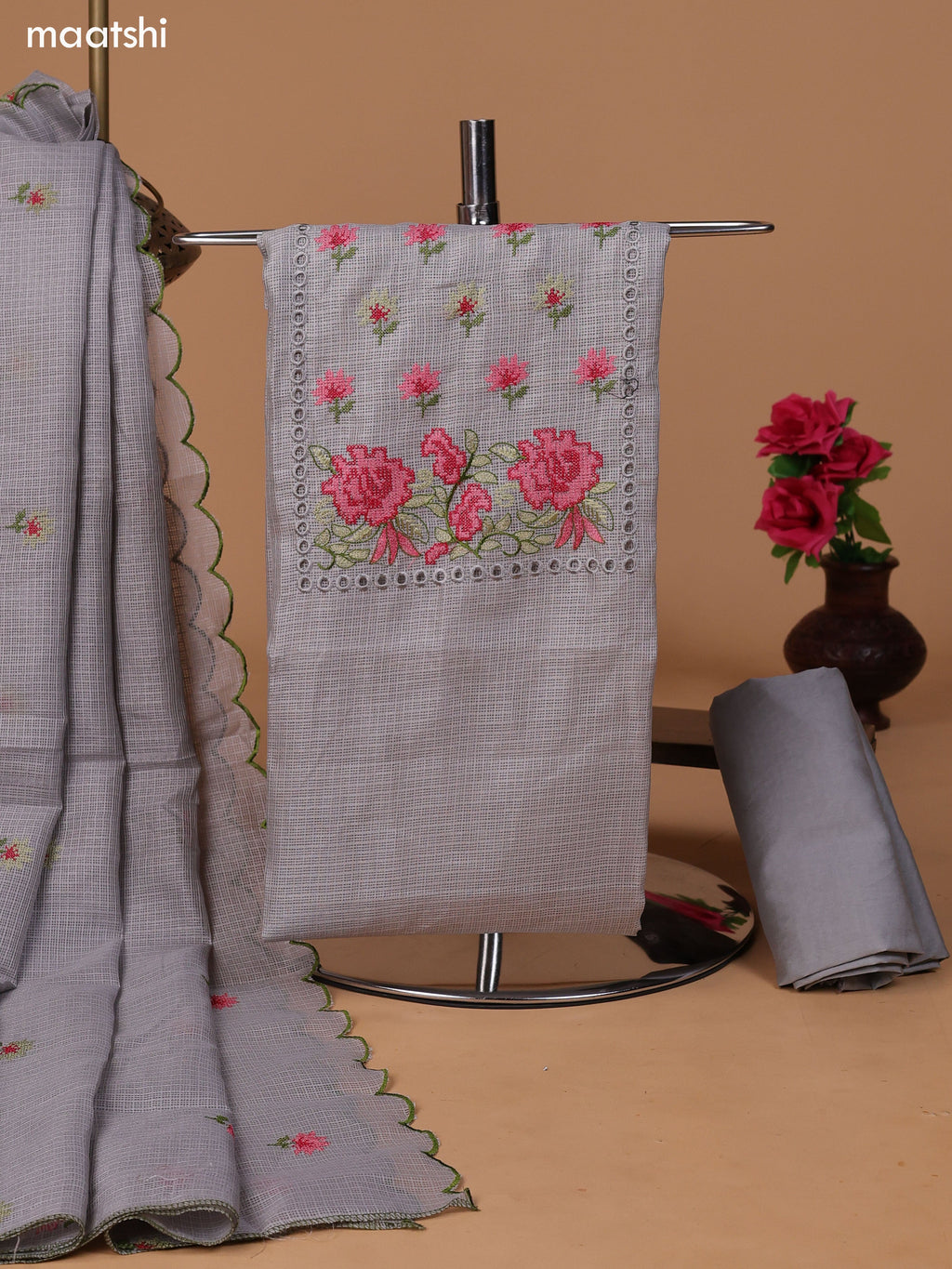 Pastel Grey Kota Dress Material With Embroidery Work Neck Pattern and Bottom & Dupatta