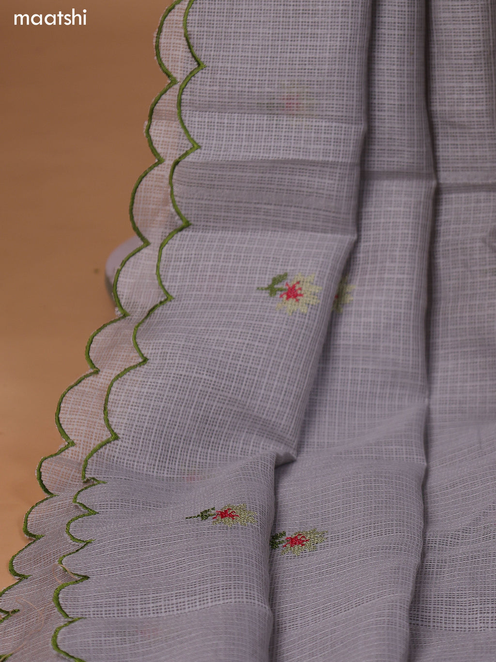 Pastel Grey Kota Dress Material With Embroidery Work Neck Pattern and Bottom & Dupatta