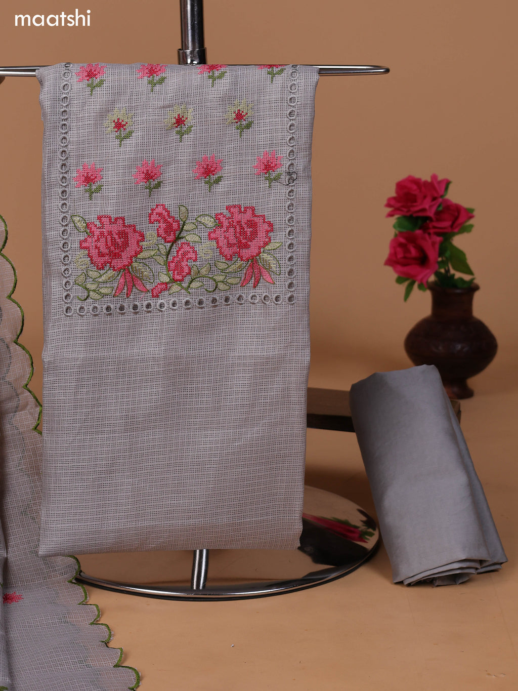 Pastel Grey Kota Dress Material With Embroidery Work Neck Pattern and Bottom & Dupatta