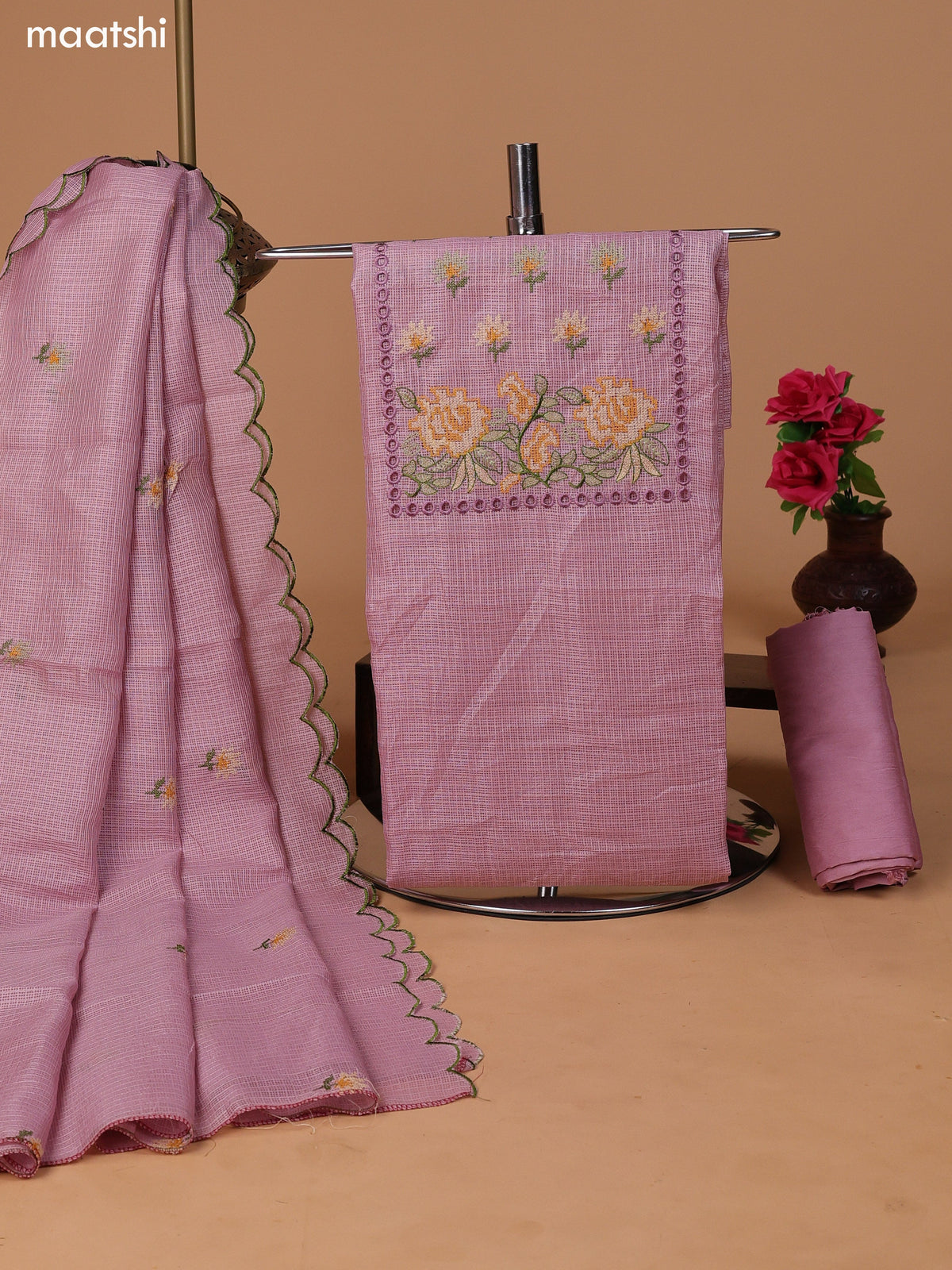 Pastel Pink Kota Dress Material With Embroidery Work Neck Pattern and Bottom & Dupatta