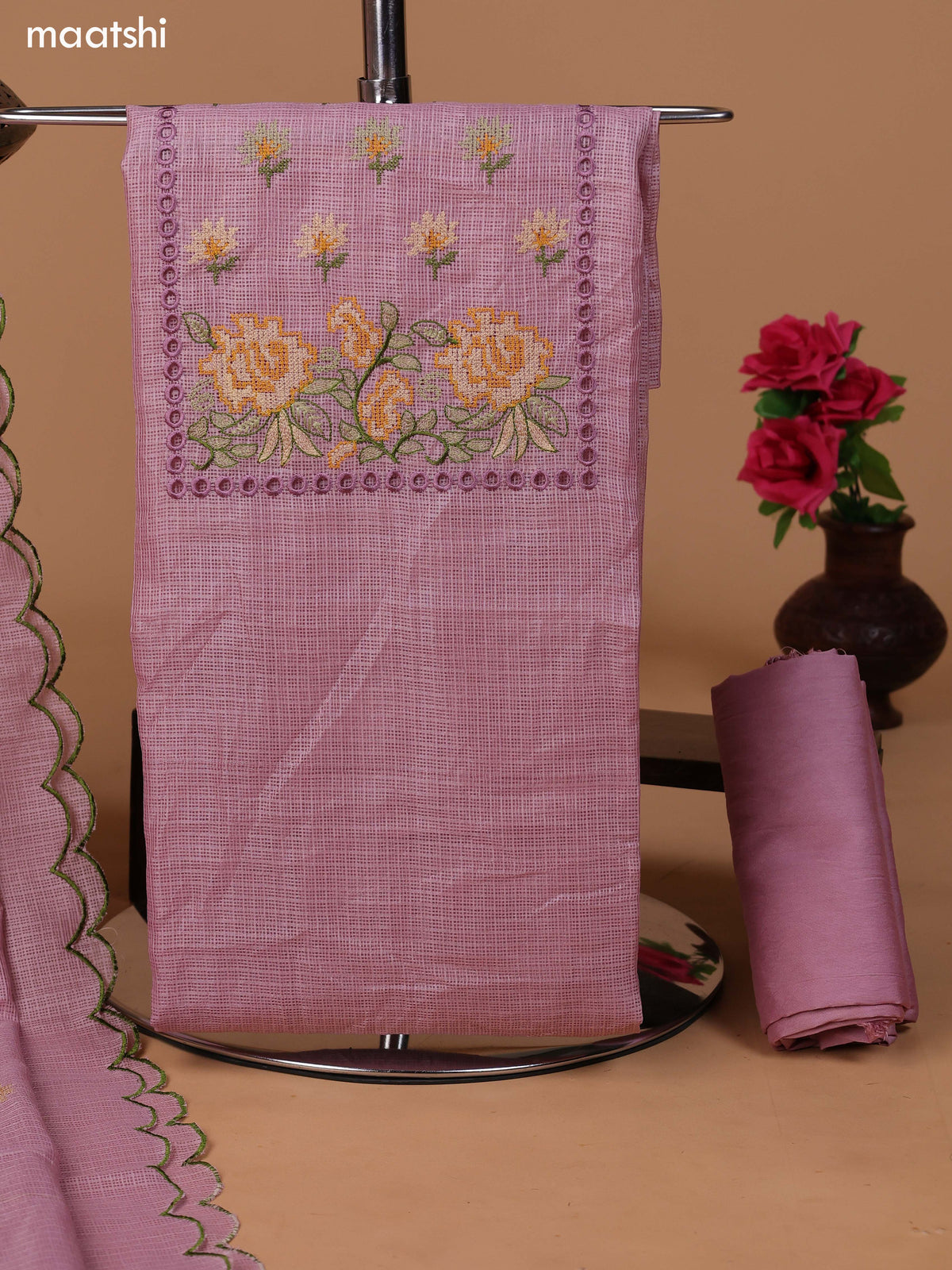 Pastel Pink Kota Dress Material With Embroidery Work Neck Pattern and Bottom & Dupatta
