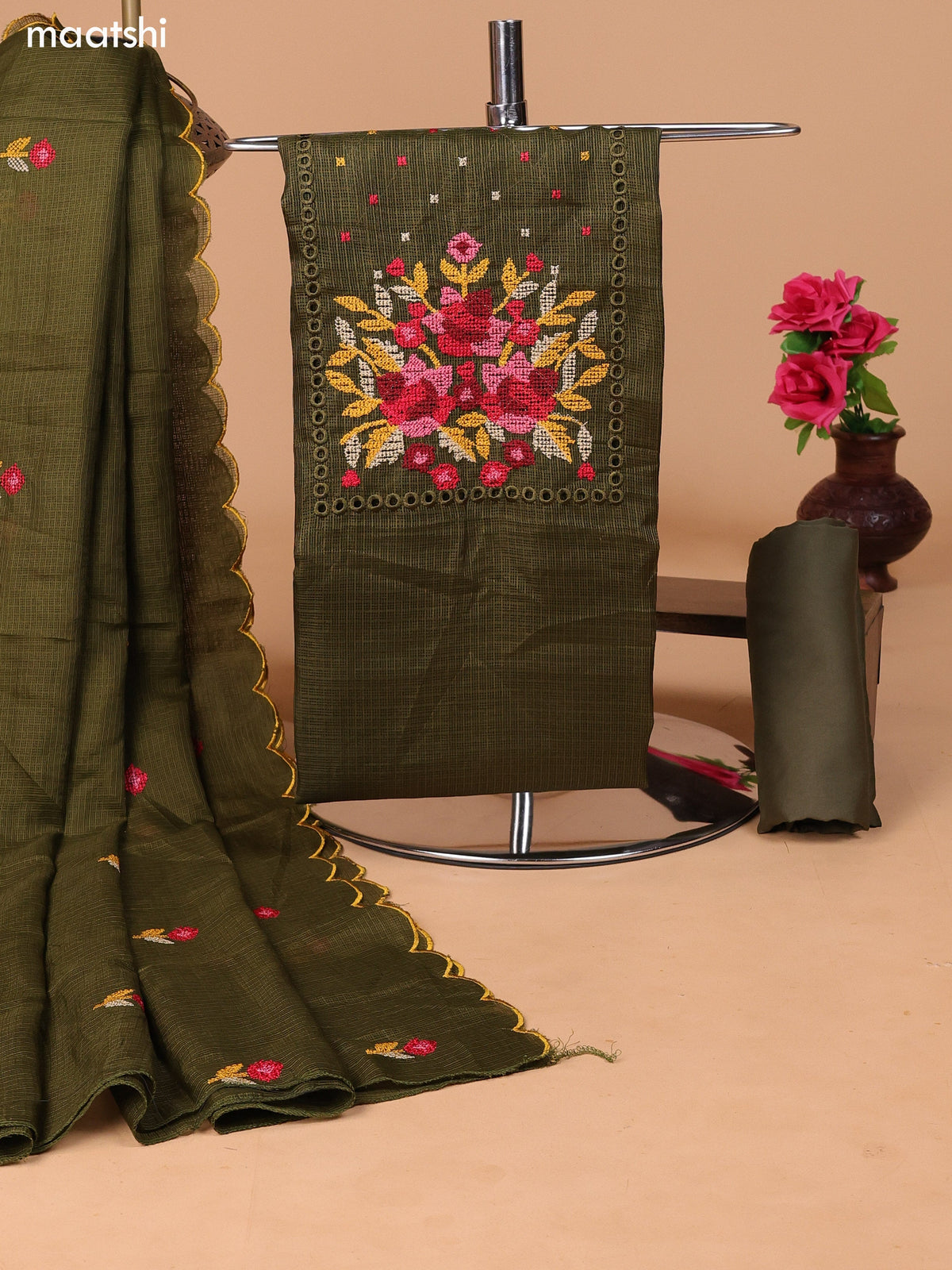 Mehendi Green Kota Dress Material With Embroidery Work Neck Pattern and Bottom & Dupatta