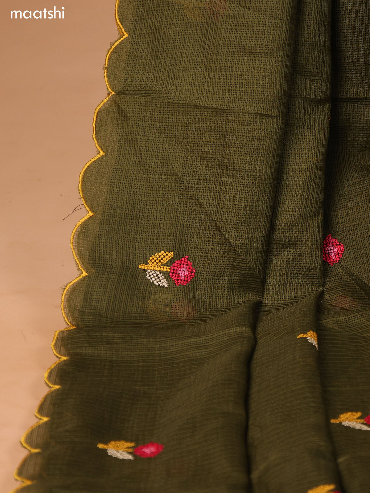 Mehendi Green Kota Dress Material With Embroidery Work Neck Pattern and Bottom & Dupatta