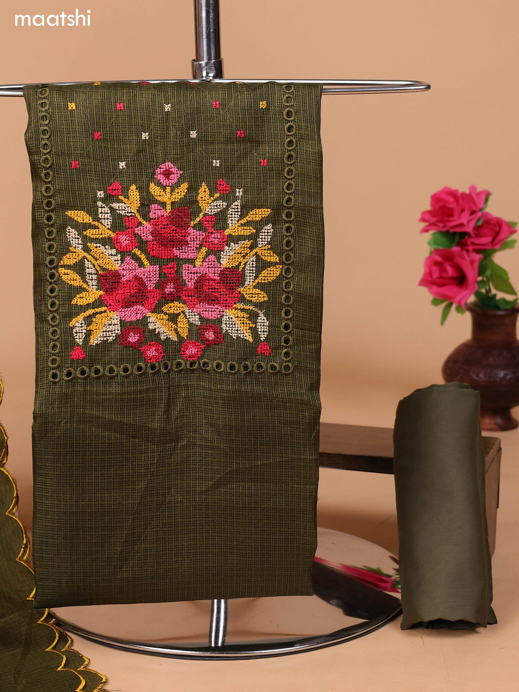 Mehendi Green Kota Dress Material With Embroidery Work Neck Pattern and Bottom & Dupatta