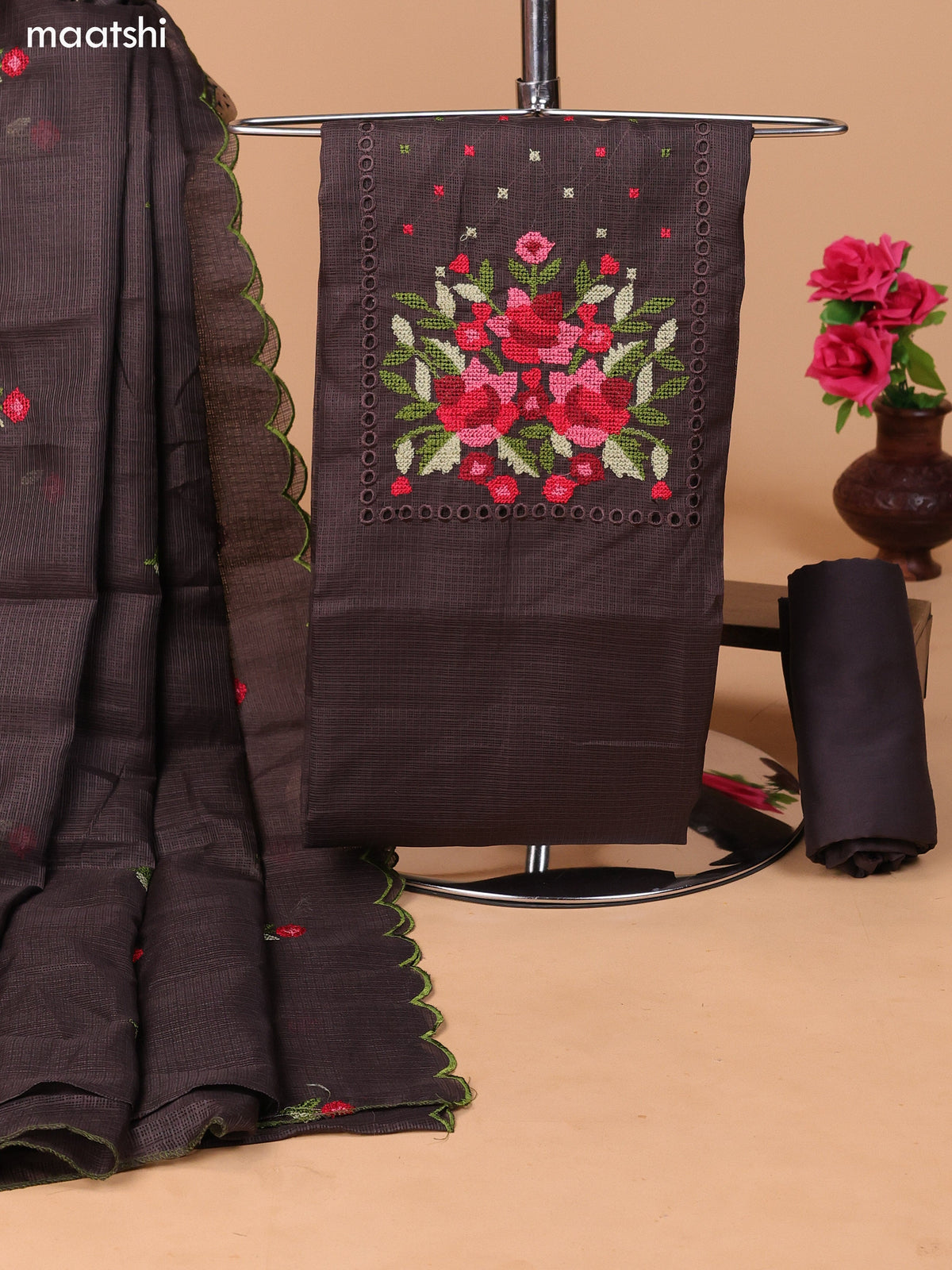 Elephant Grey Kota Dress Material With Embroidery Work Neck Pattern and Bottom & Dupatta