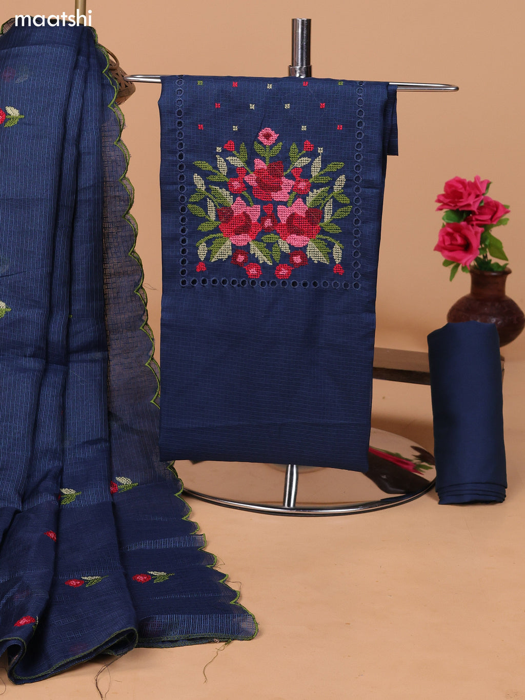 Peacock Blue Kota Dress Material With Embroidery Work Neck Pattern and Bottom & Dupatta