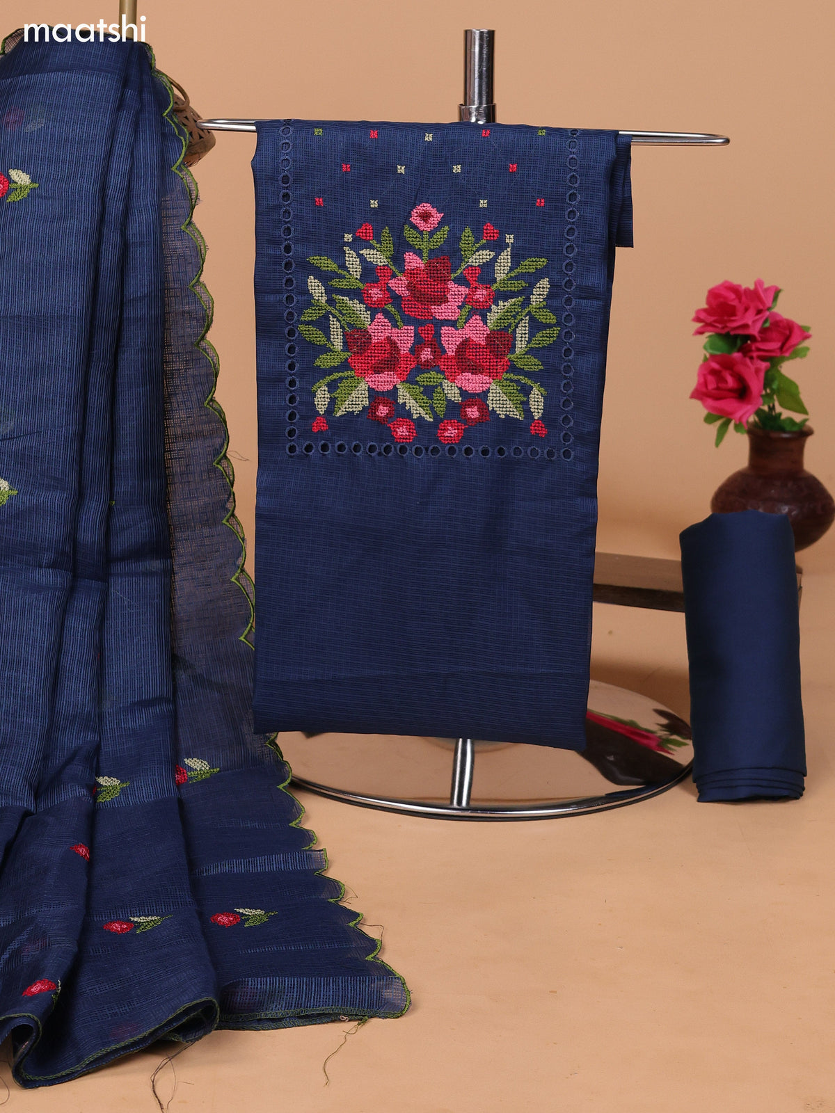 Peacock Blue Kota Dress Material With Embroidery Work Neck Pattern and Bottom & Dupatta