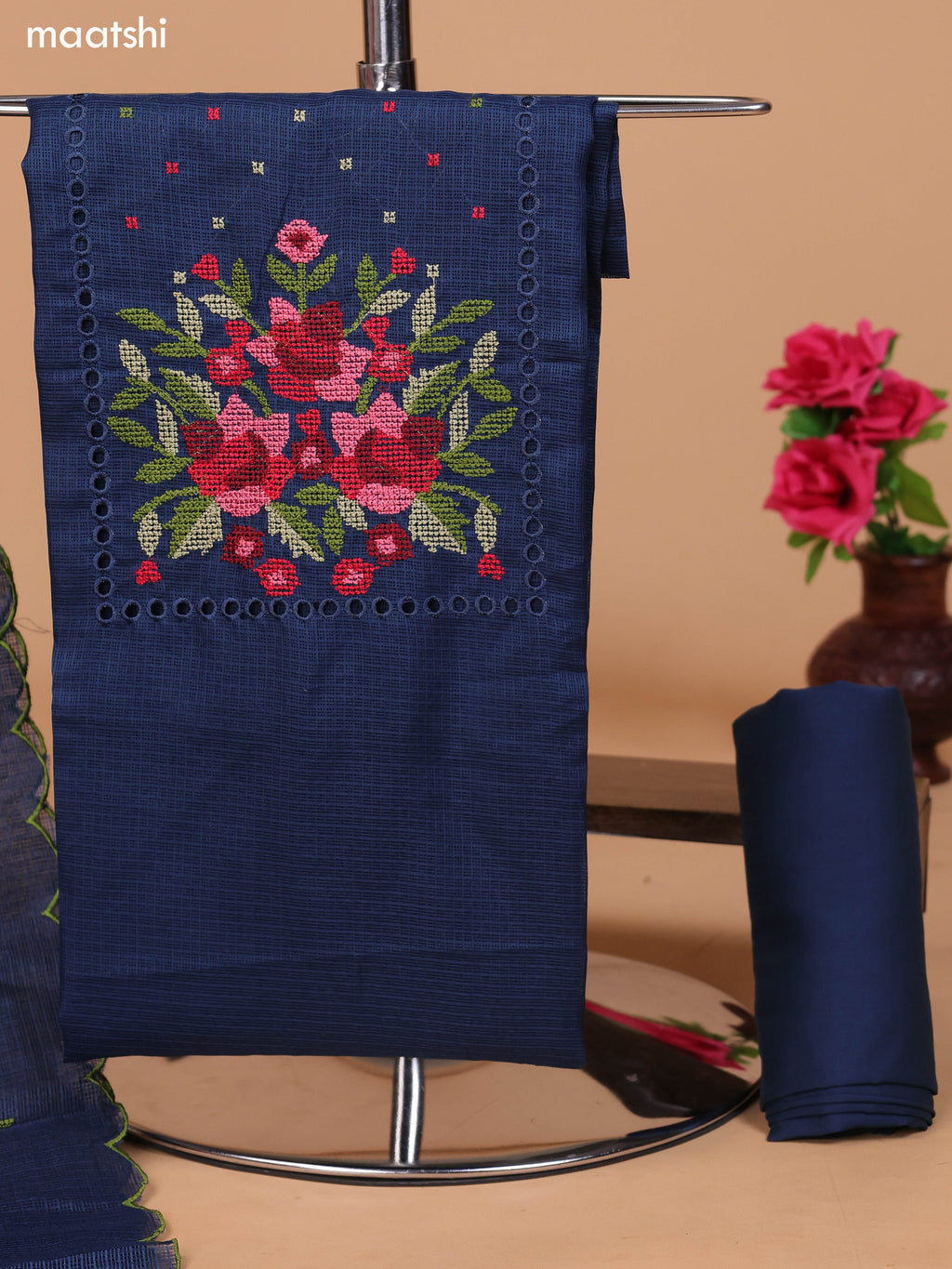 Peacock Blue Kota Dress Material With Embroidery Work Neck Pattern and Bottom & Dupatta